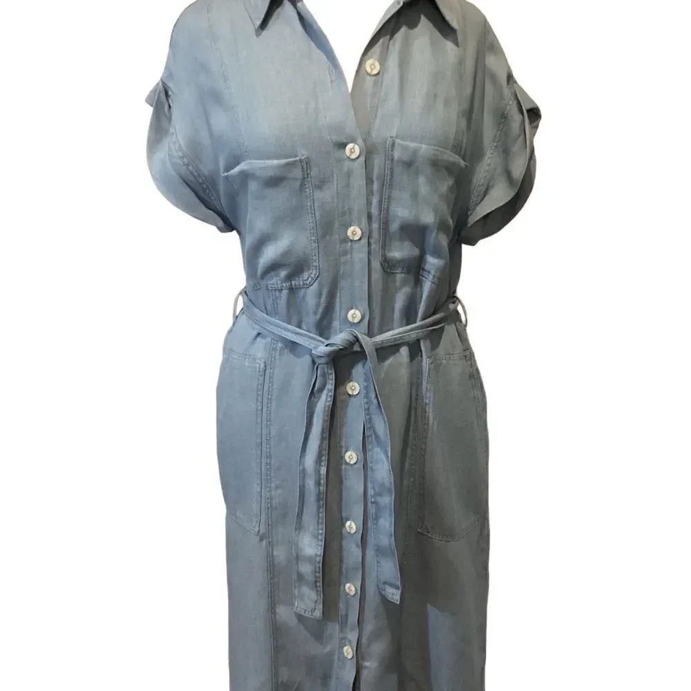 New Zara soft denim Shirt Midi Maxi belted Dress size Medium linen blend